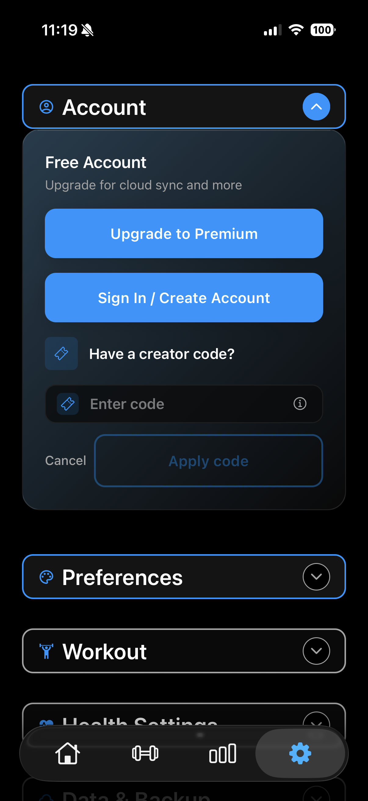 VolumeLogic Settings screen with Account expanded and the creator-code entry field visible