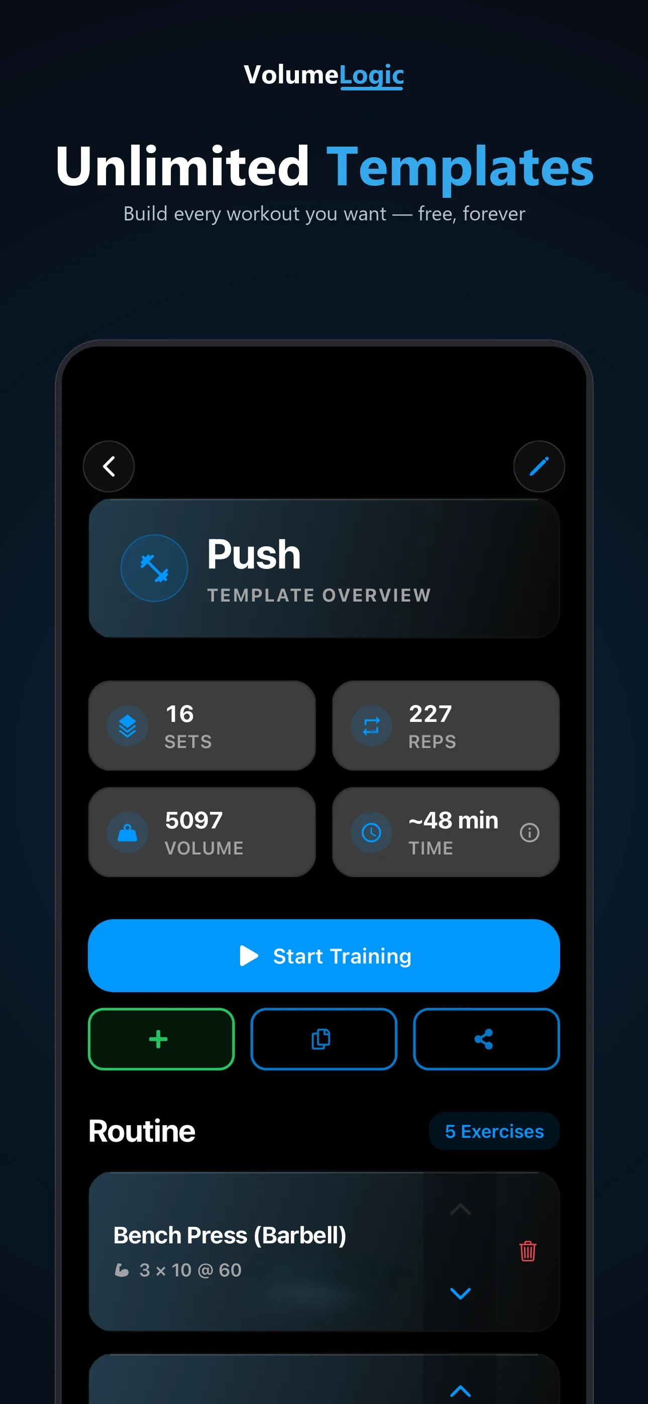 Unlimited workout templates, template overview screen in VolumeLogic