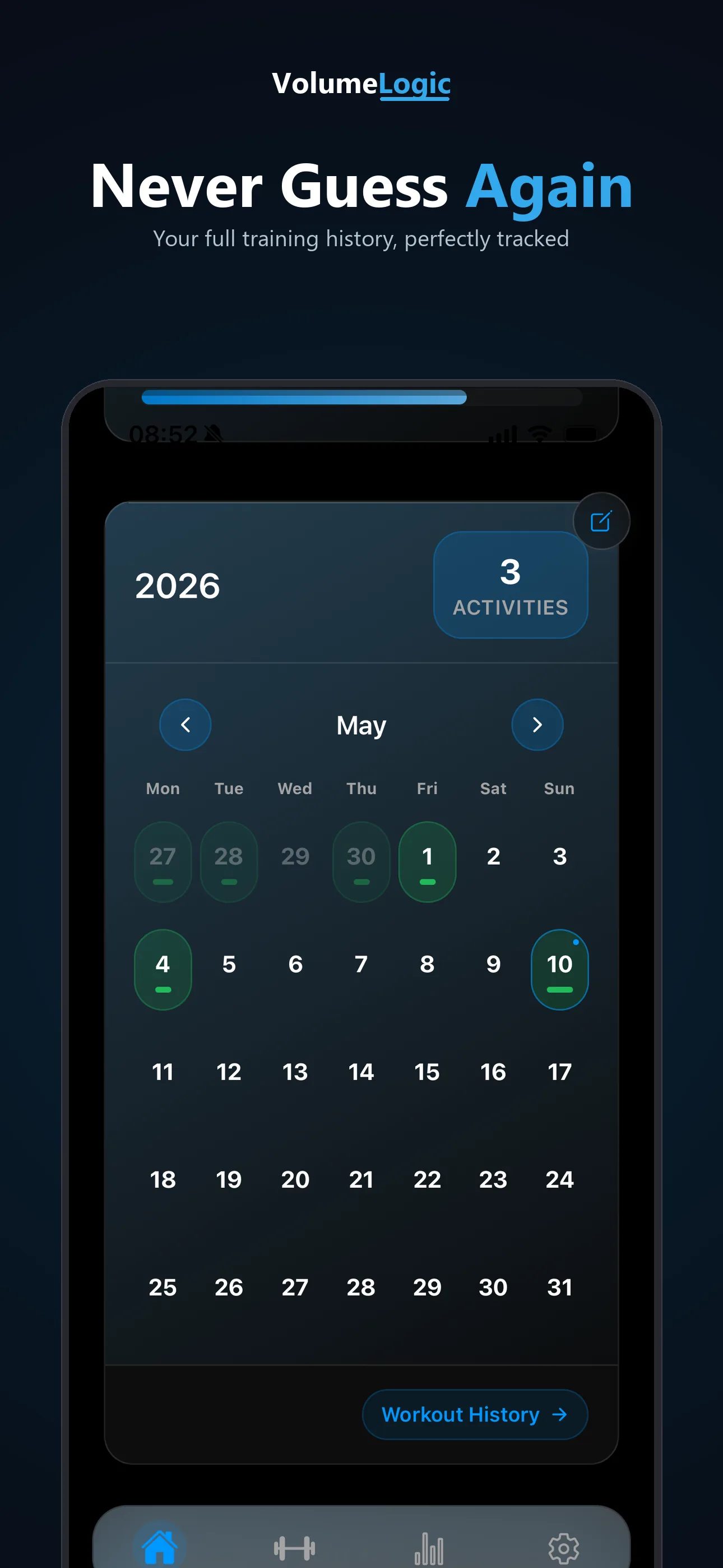 Workout calendar and training history in VolumeLogic