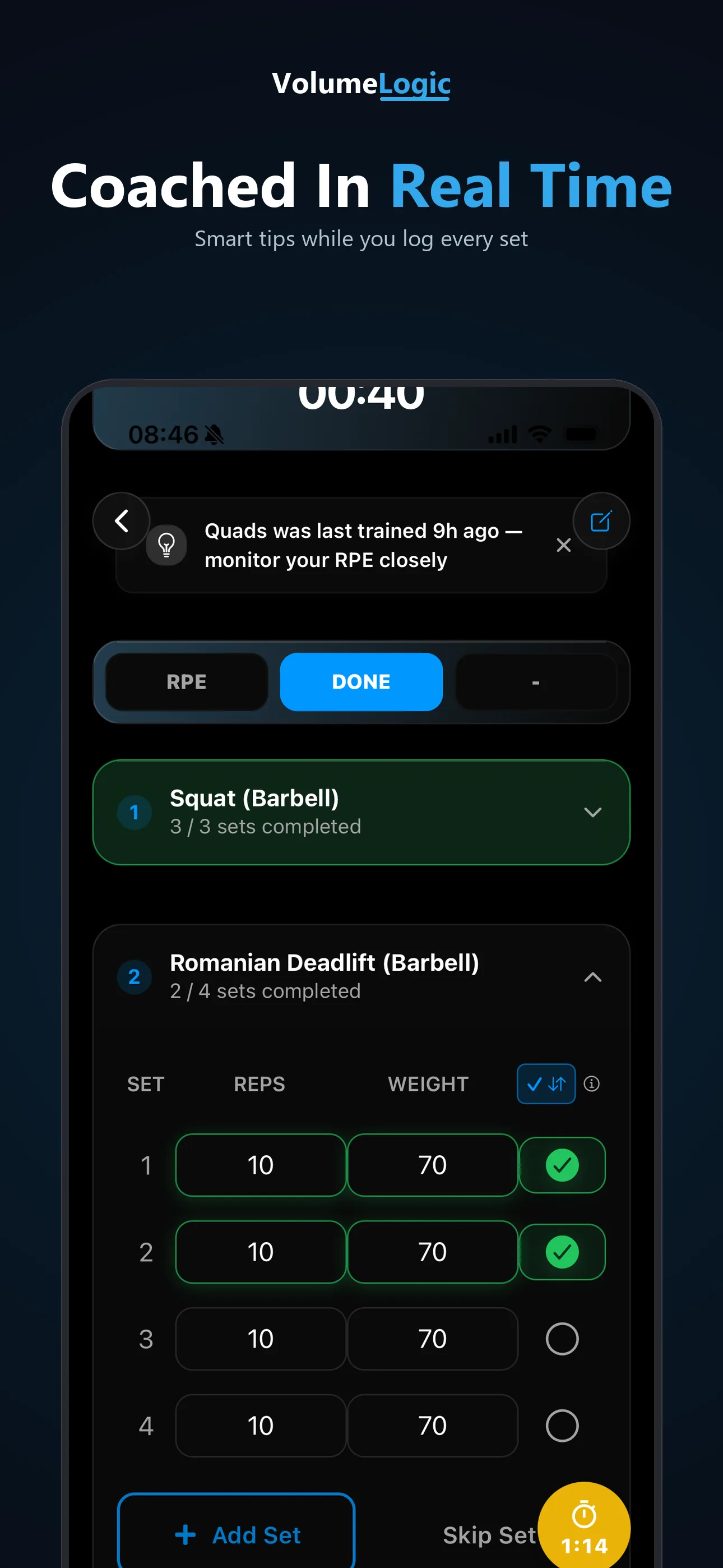 Active workout with real-time AI coaching in VolumeLogic