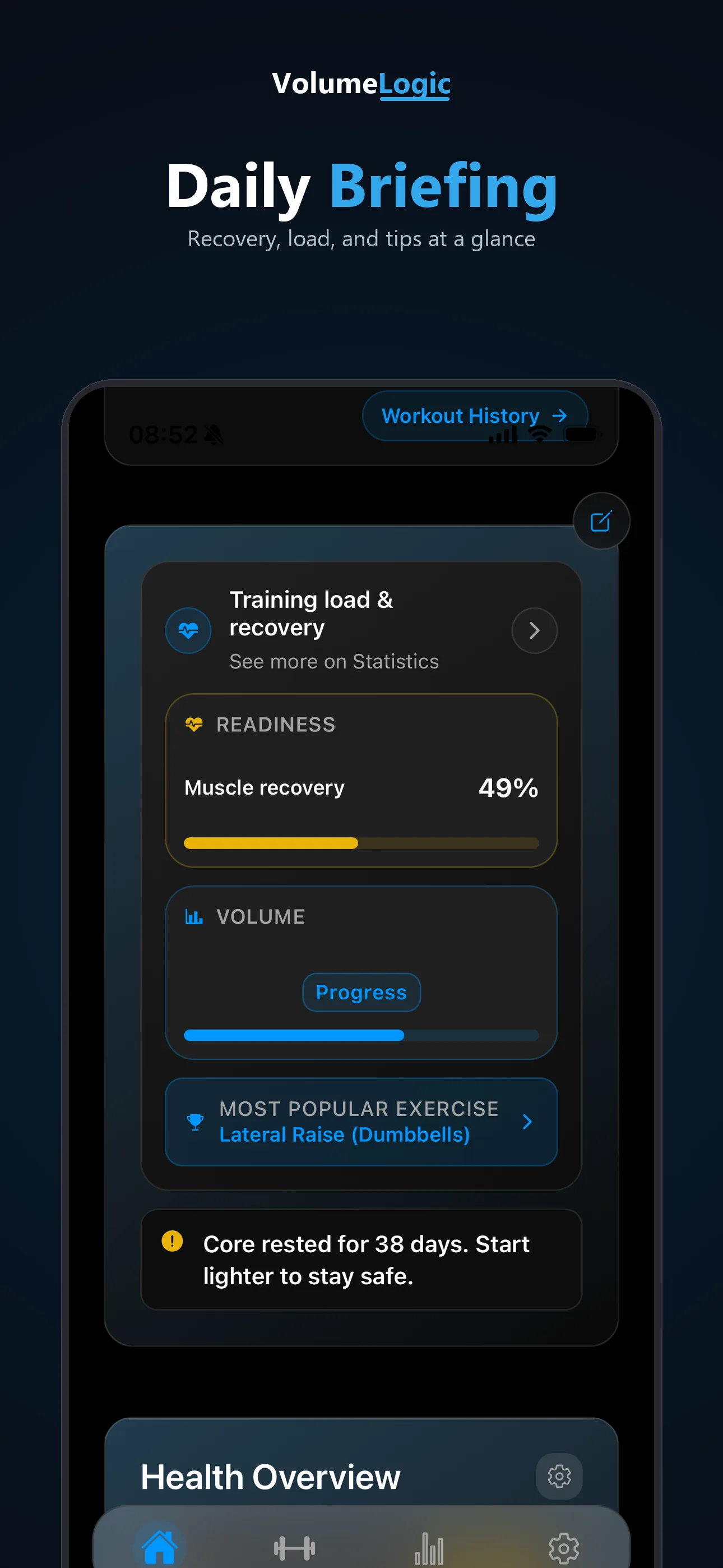 Daily training-load and recovery briefing in VolumeLogic