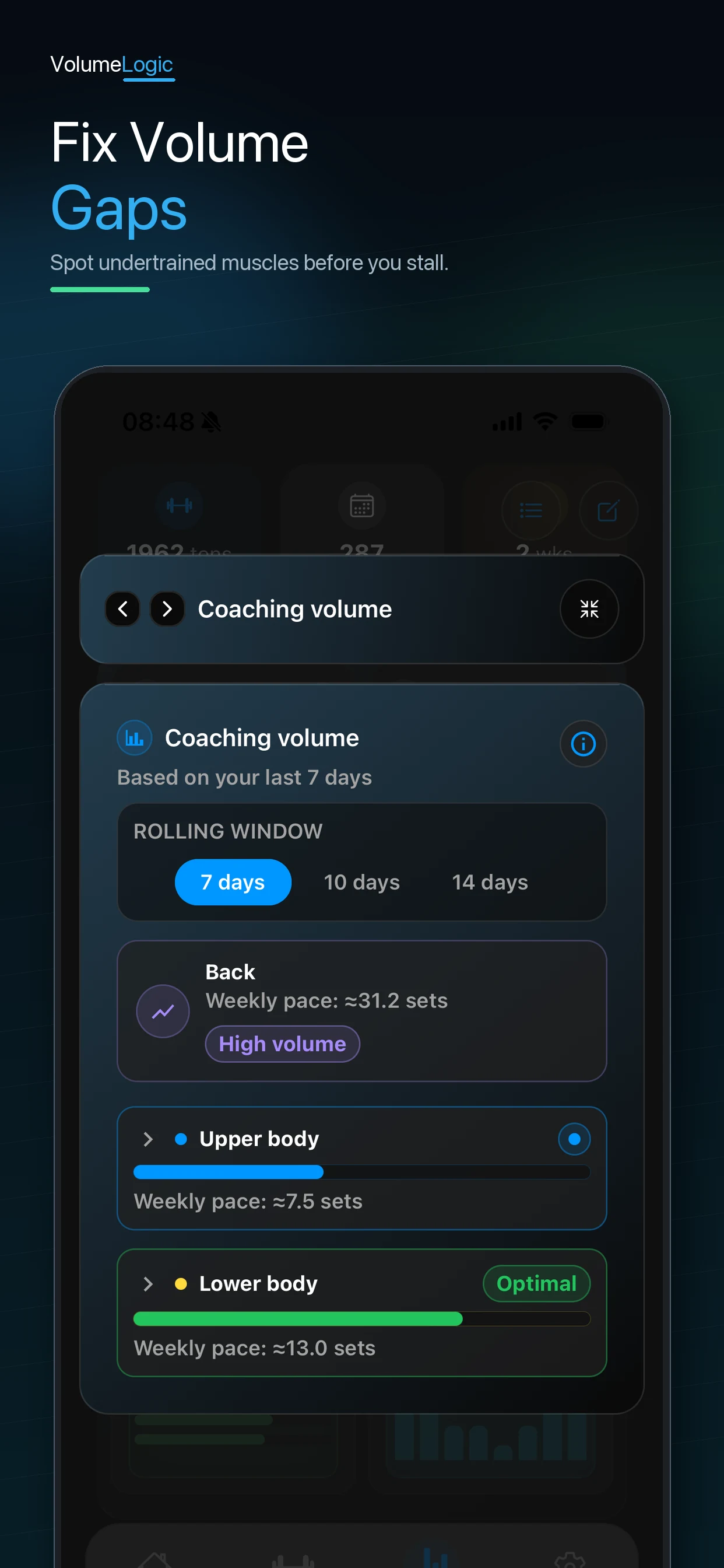 Coaching volume breakdown by muscle group in VolumeLogic