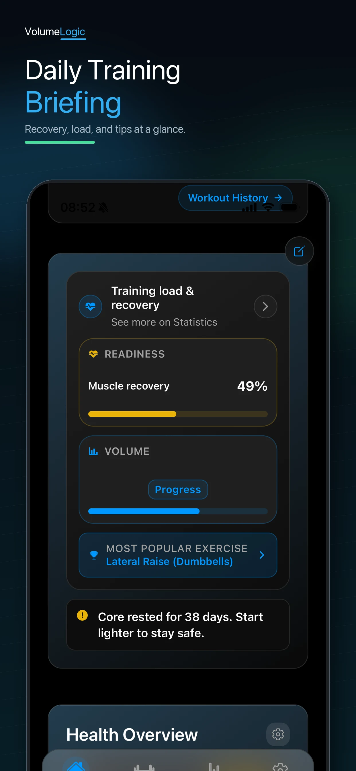 Advanced training program volume and recovery tracking in VolumeLogic