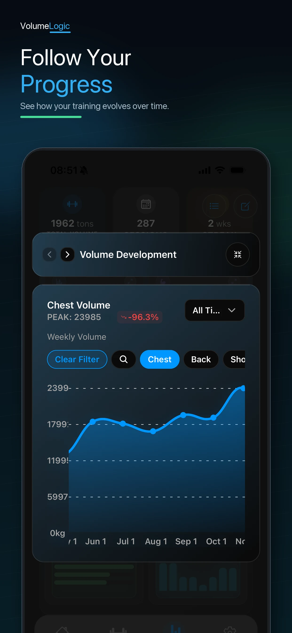 Weekly hard-set volume per muscle group chart for reviewing a workout program