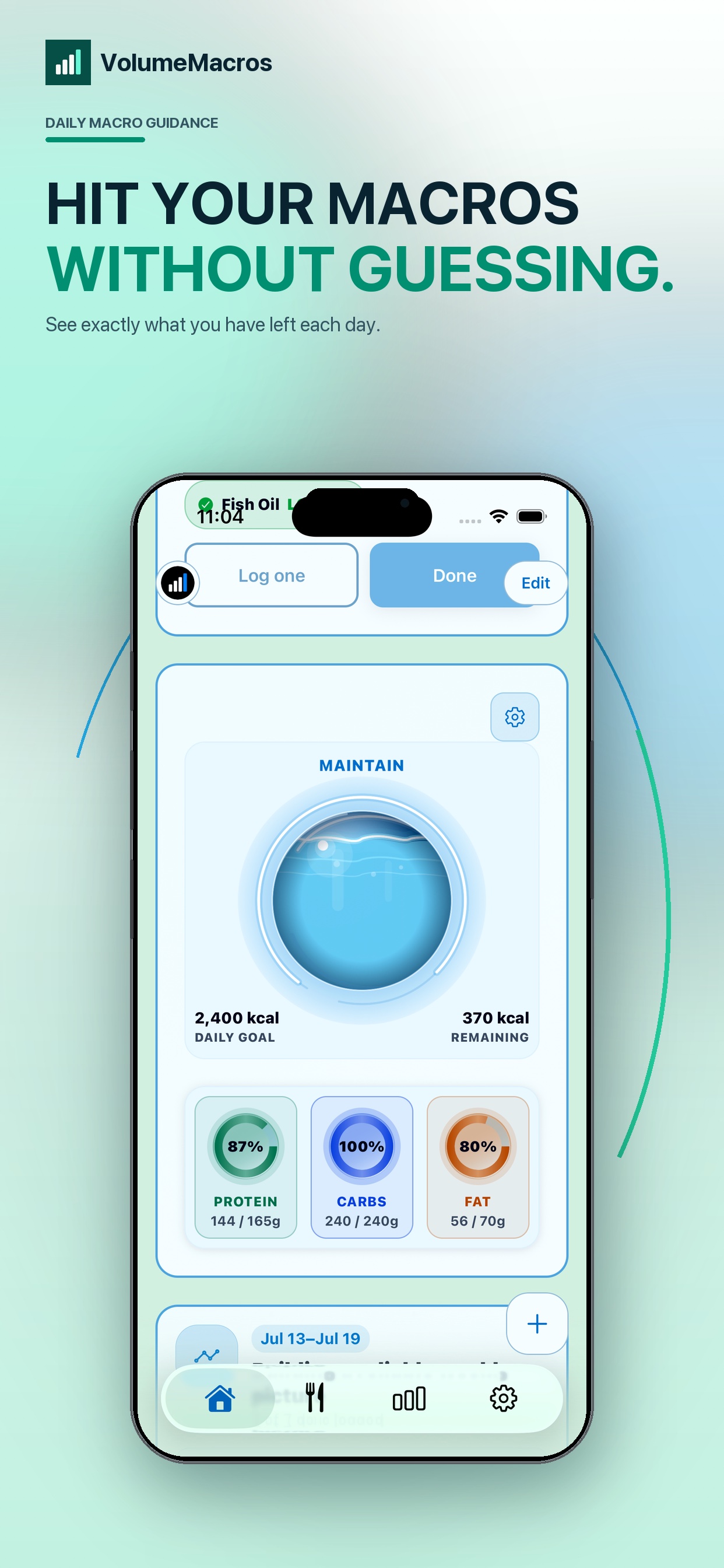 VolumeMacros daily calorie and macro guidance dashboard