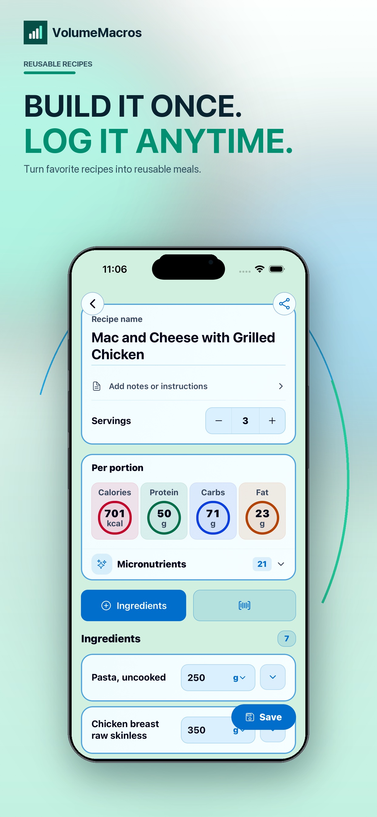 VolumeMacros reusable recipe builder with ingredients and nutrition per portion