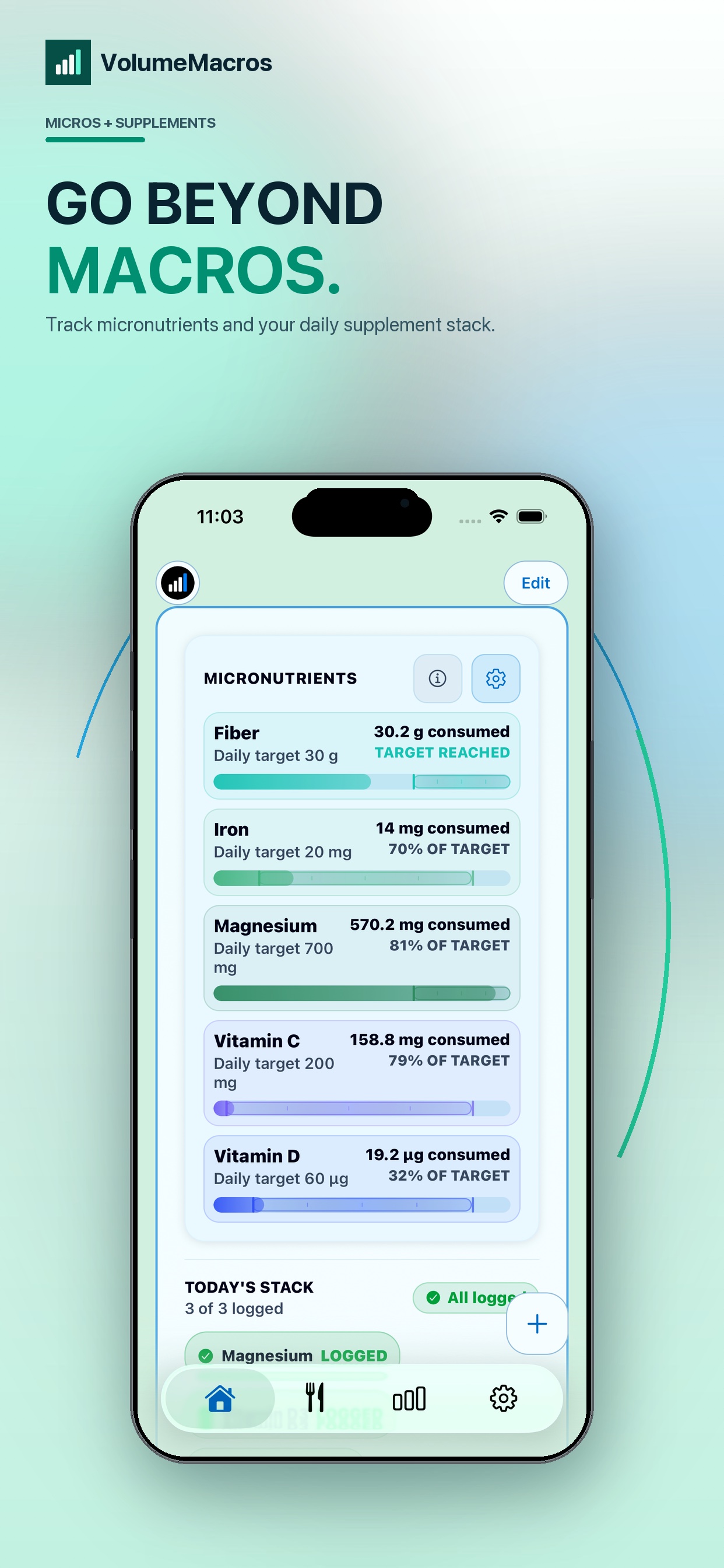 VolumeMacros micronutrient and supplement tracking screen